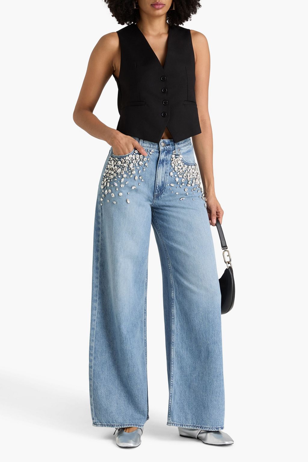 RAG & BONE بنطال جينز "صوفي" بأرجل واسعة وخصر عالٍ مزين بالكريستال