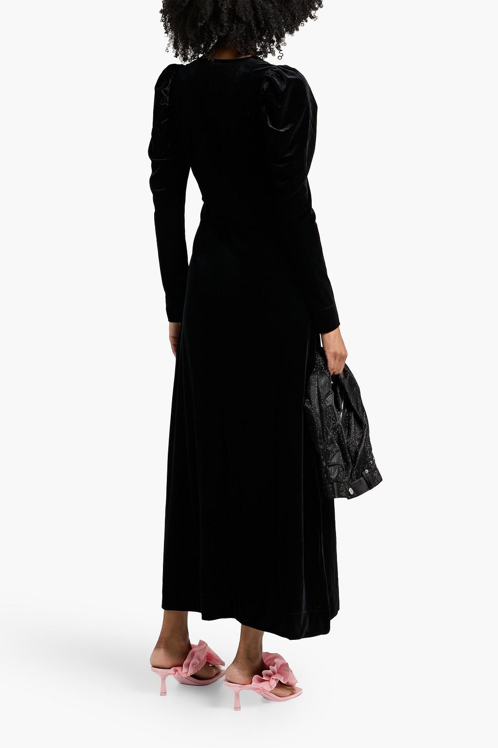 GANNI Ruched velvet midi dress