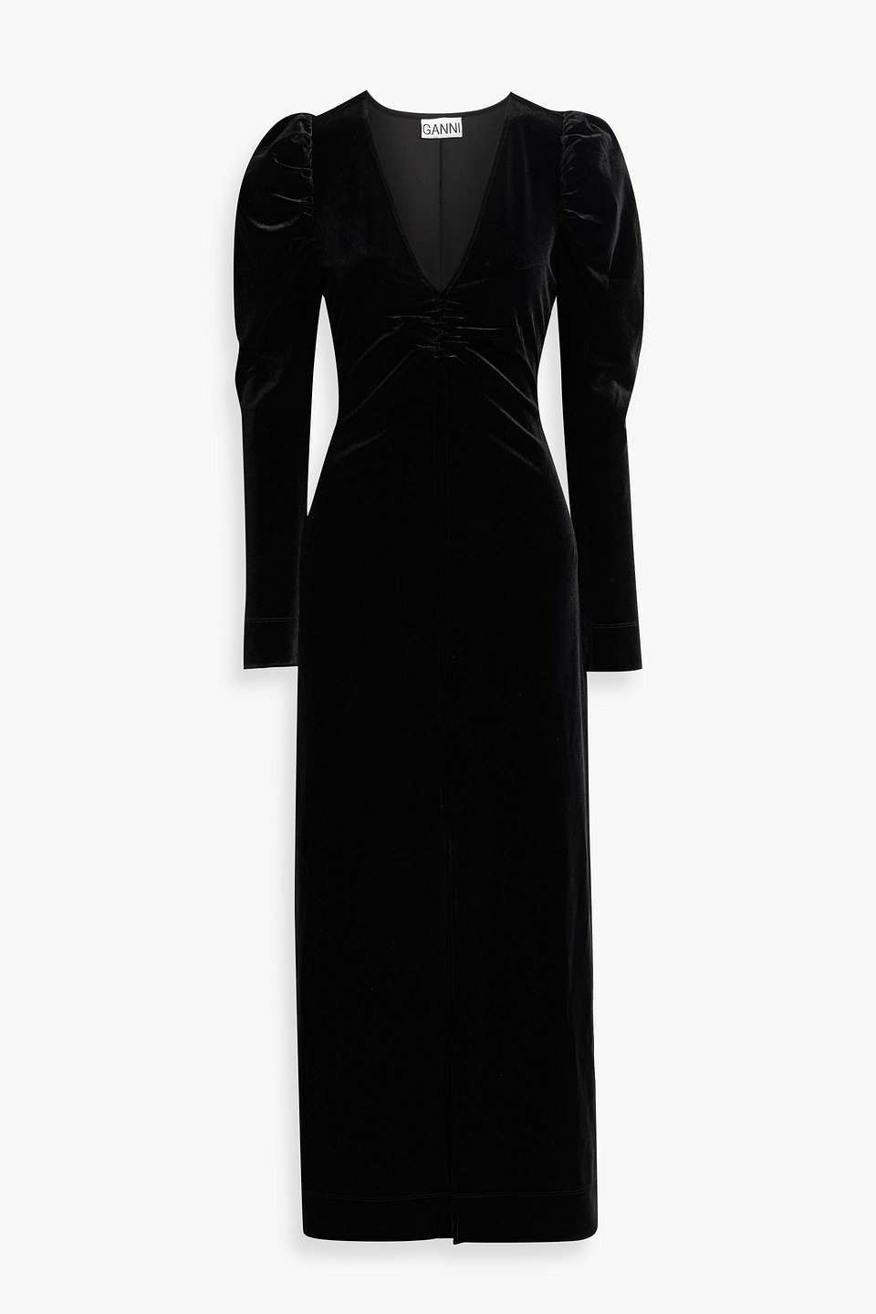 Ganni Ruched Velvet Midi Dress In Black