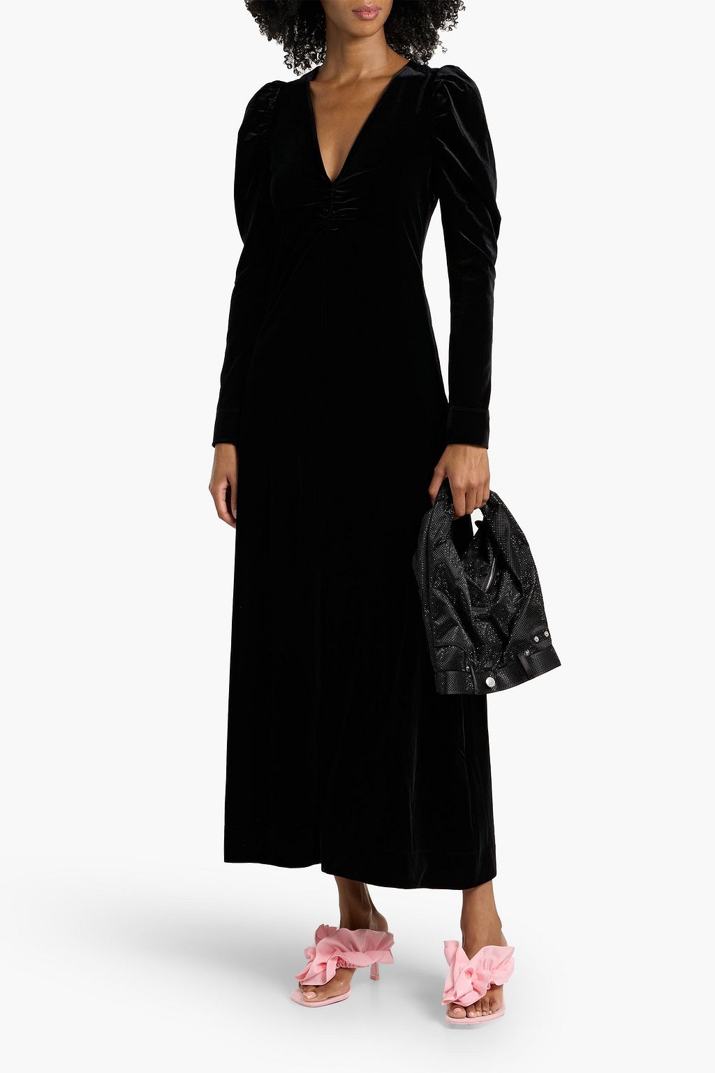 GANNI Ruched velvet midi dress