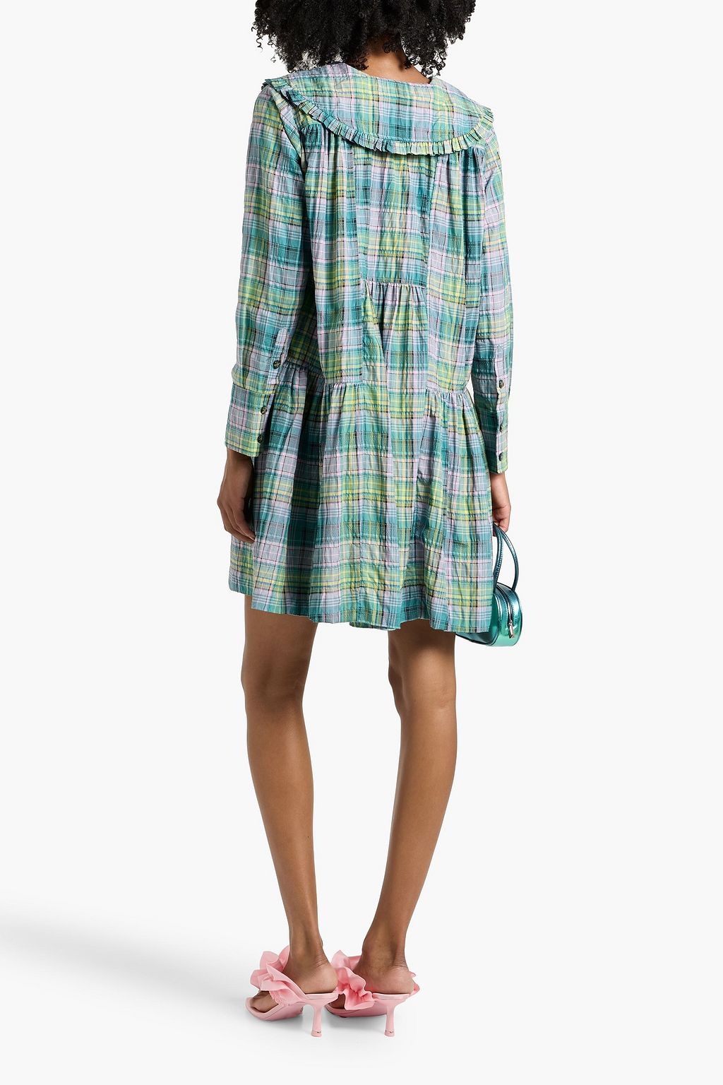 GANNI Checked cotton-blend mini shirt dress