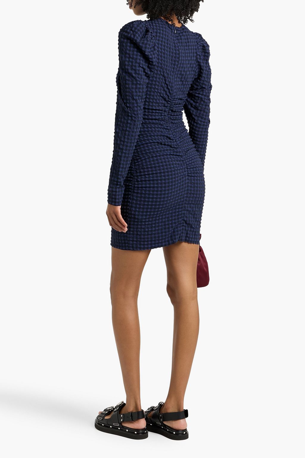 GANNI Ruched checked seersucker mini dress