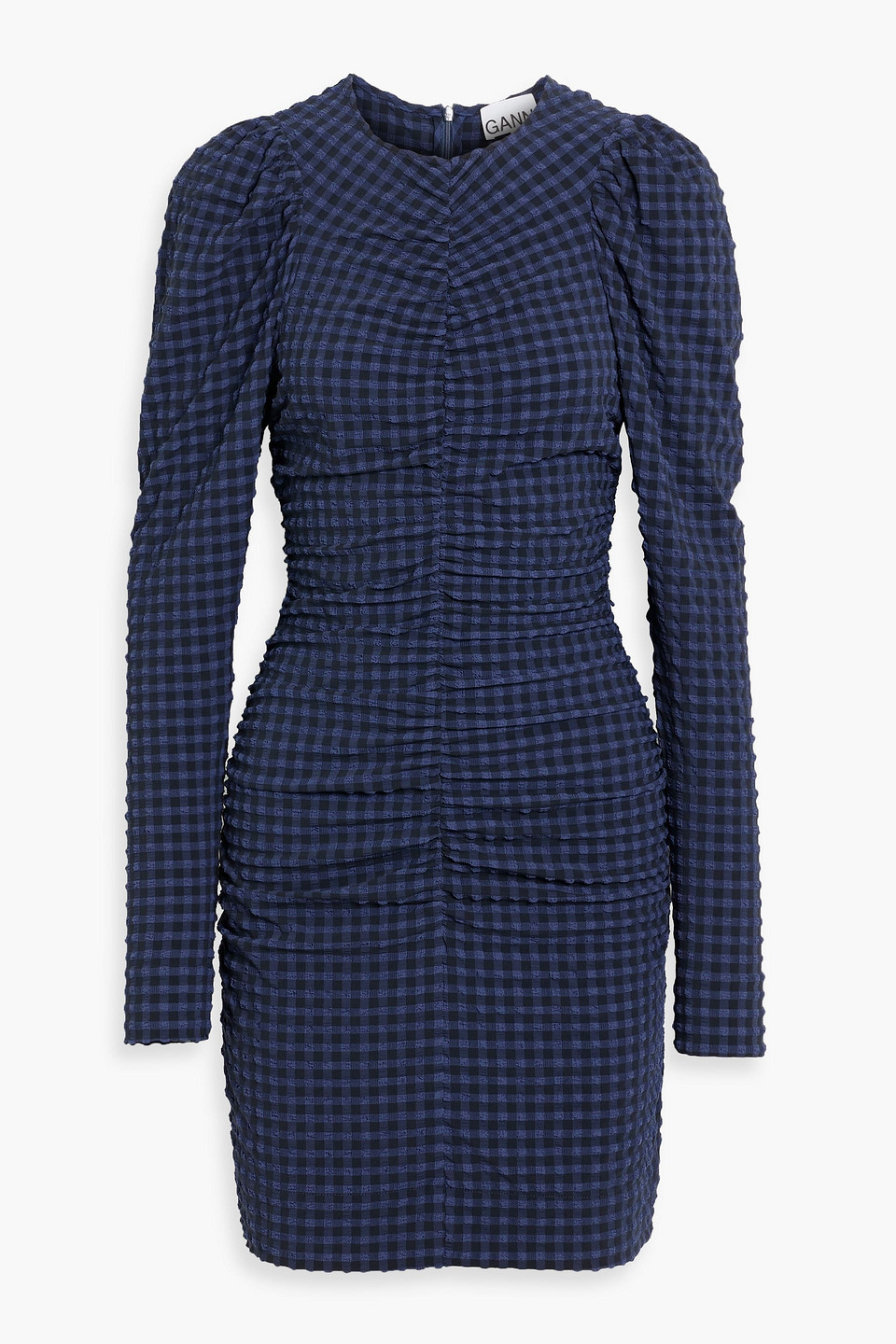 Ganni Checkered Seersucker O-neck Mini Dress In Blue