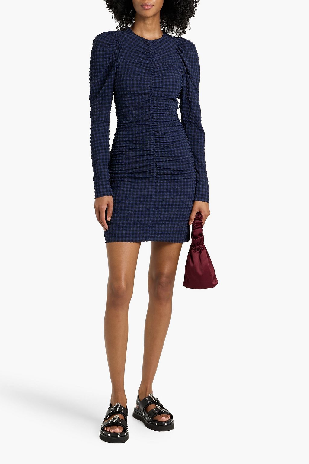 GANNI Ruched checked seersucker mini dress