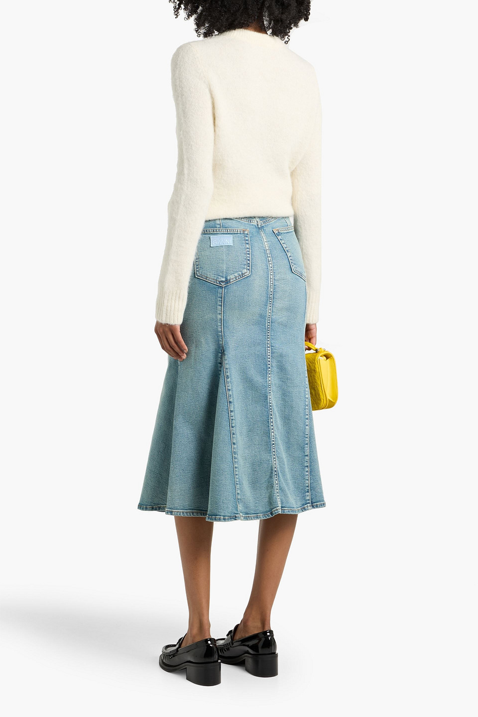 Ganni Pleated Denim Midi Skirt In Multi