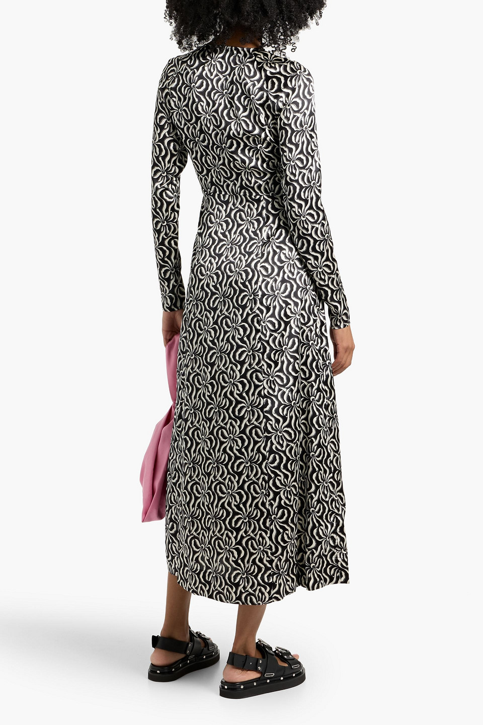 Ganni Printed Silk-blend Satin Midi Dress In Black