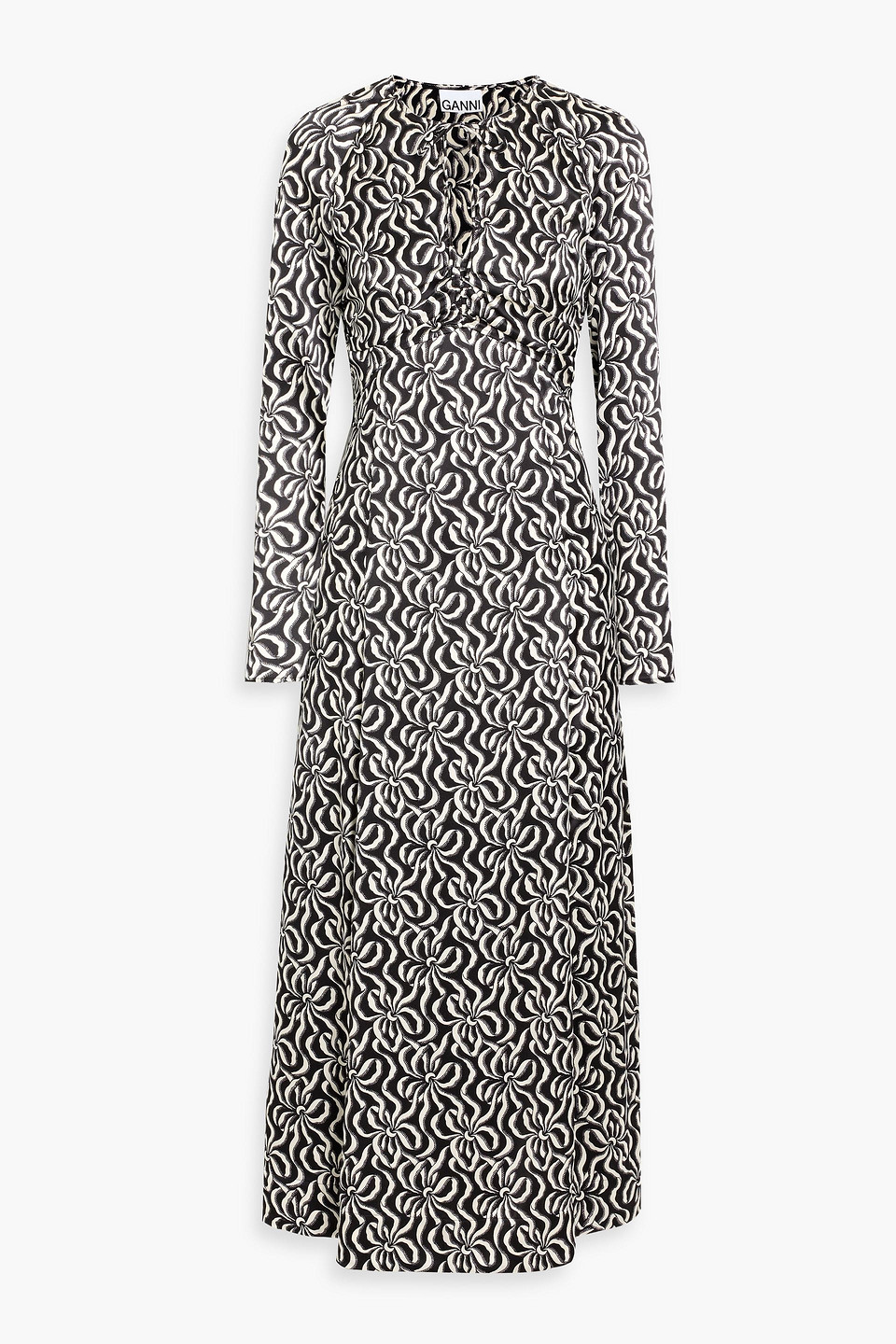 Ganni Printed Silk-blend Satin Midi Dress In Black