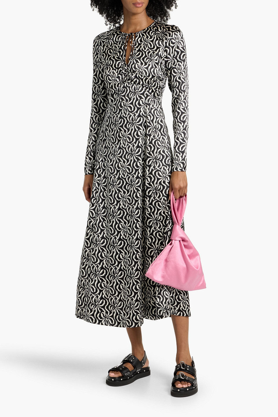 Ganni Printed Silk-blend Satin Midi Dress In Black