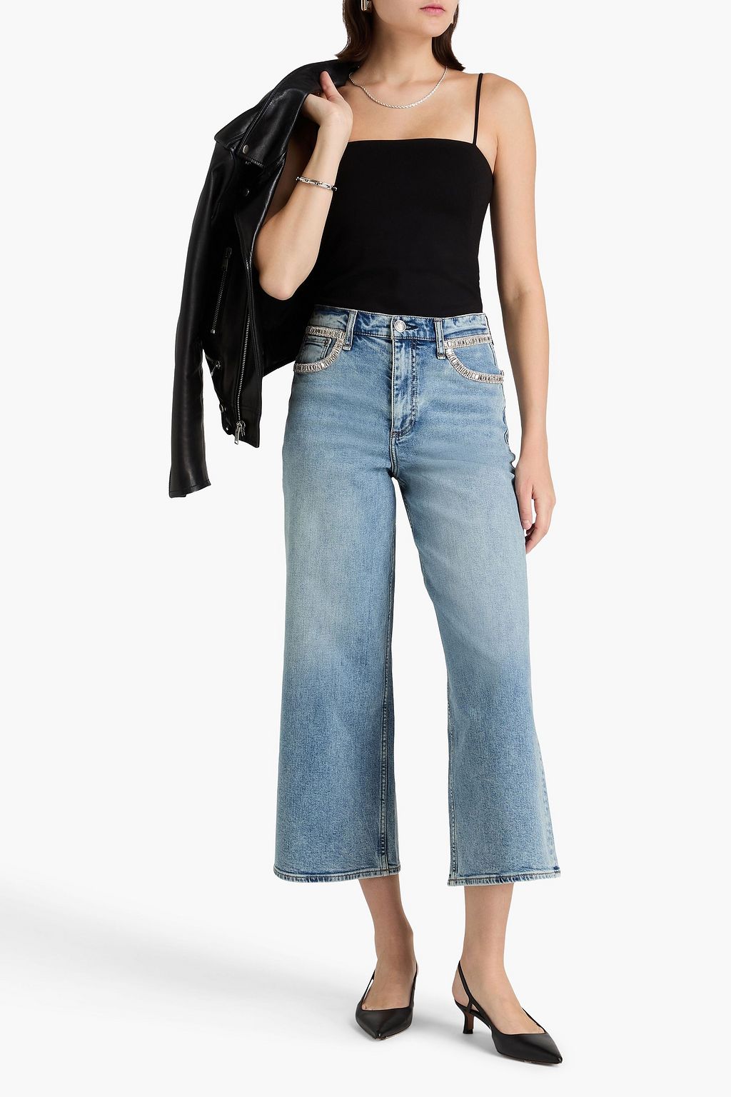 RAG & BONE بنطال جينز "آندي" بأرجل واسعة وخصر عالٍ مزين بالكريستال