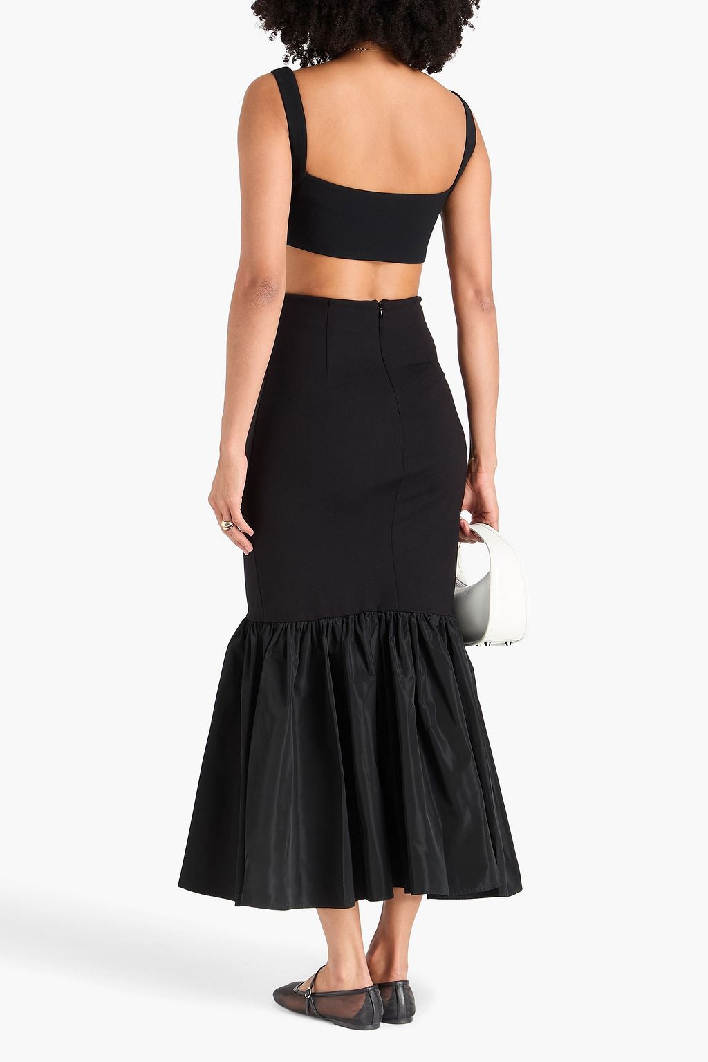 STAUD Hawthorne fluted jersey-paneled taffeta maxi skirt