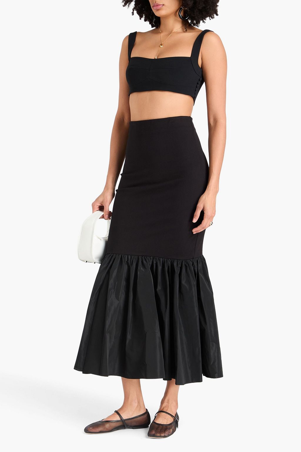 STAUD Hawthorne fluted jersey-paneled taffeta maxi skirt