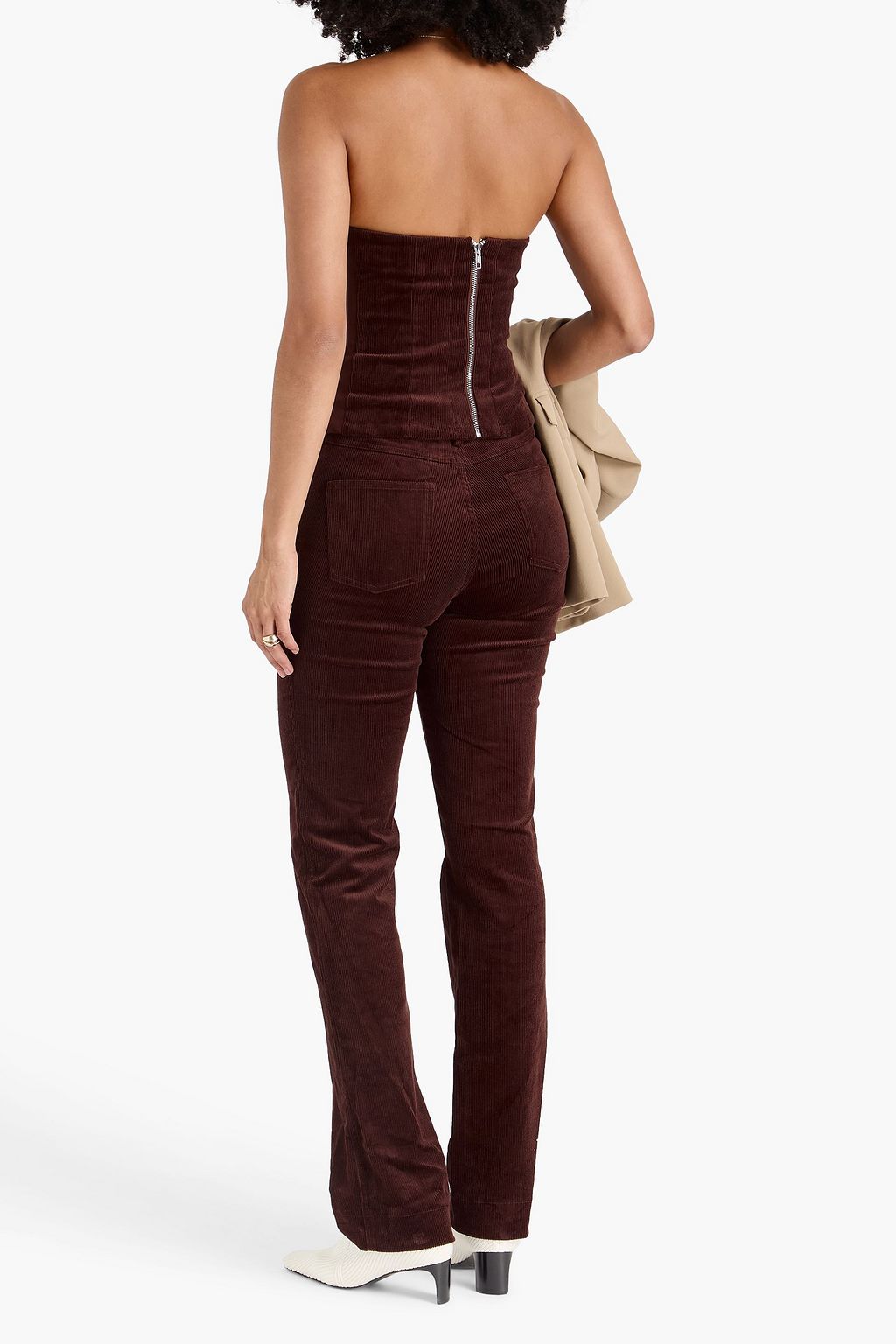 STAUD Strapless cotton-blend velvet top