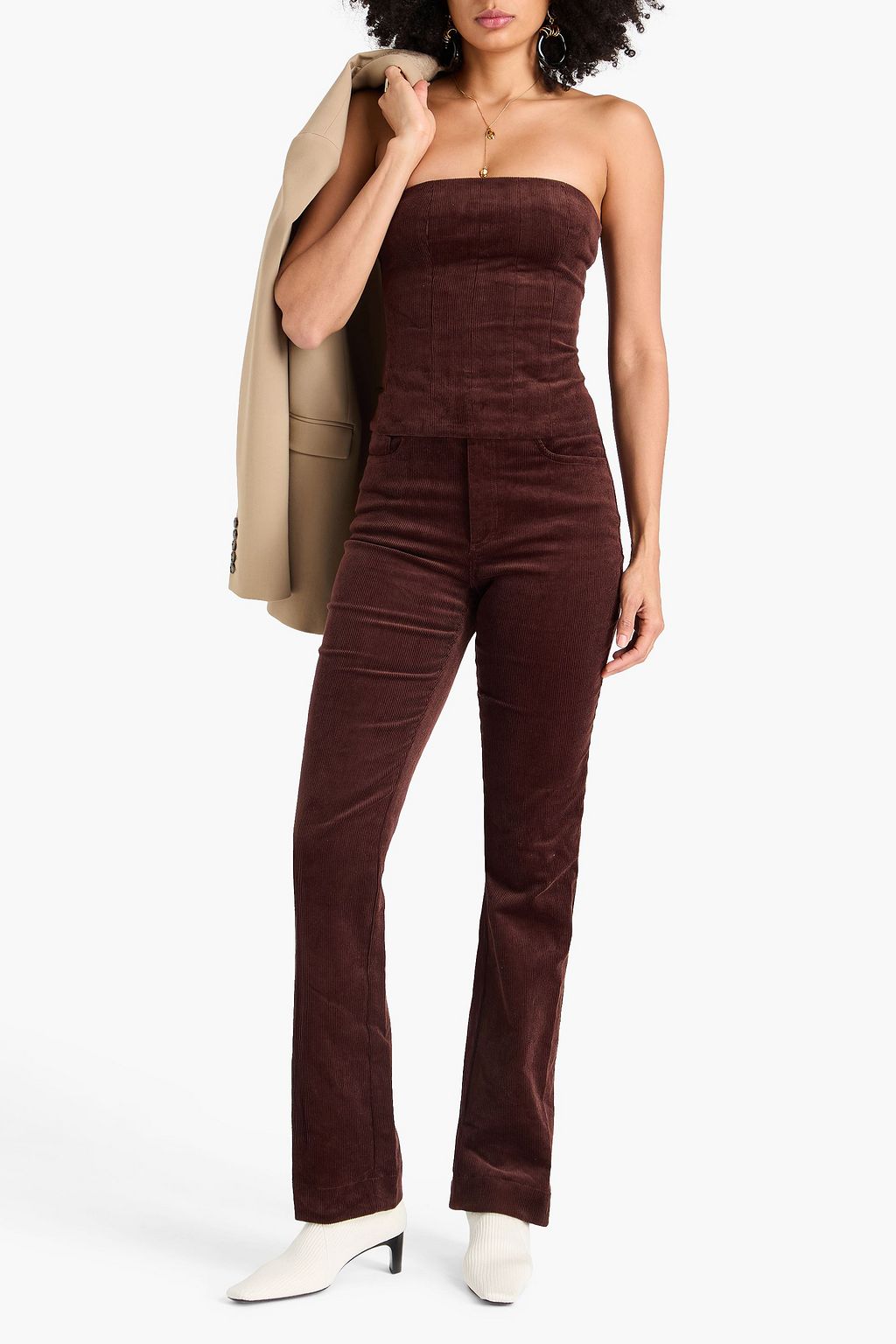 STAUD Strapless cotton-blend velvet top