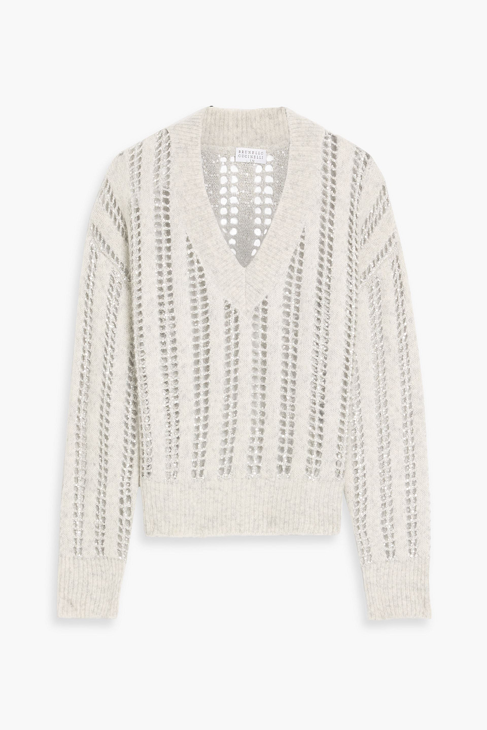 Brunello Cucinelli Sequin-embellished Open-knit Wool And Mohair-blend Sweater In Gray
