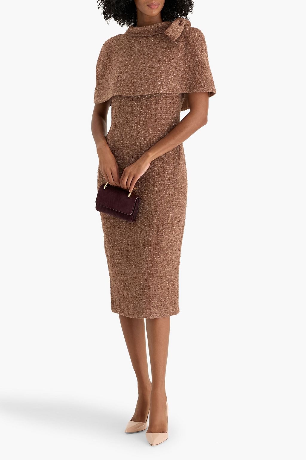 BADGLEY MISCHKA Cape-effect metallic tweed midi dress