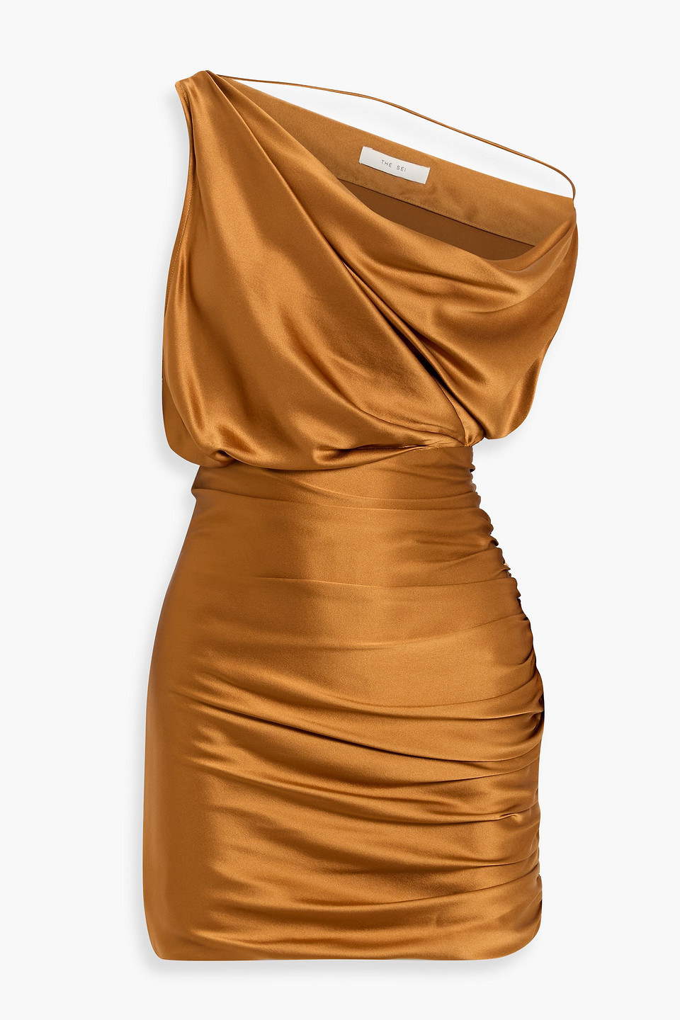 The Sei One-shoulder Draped Silk-satin Mini Dress In Brown