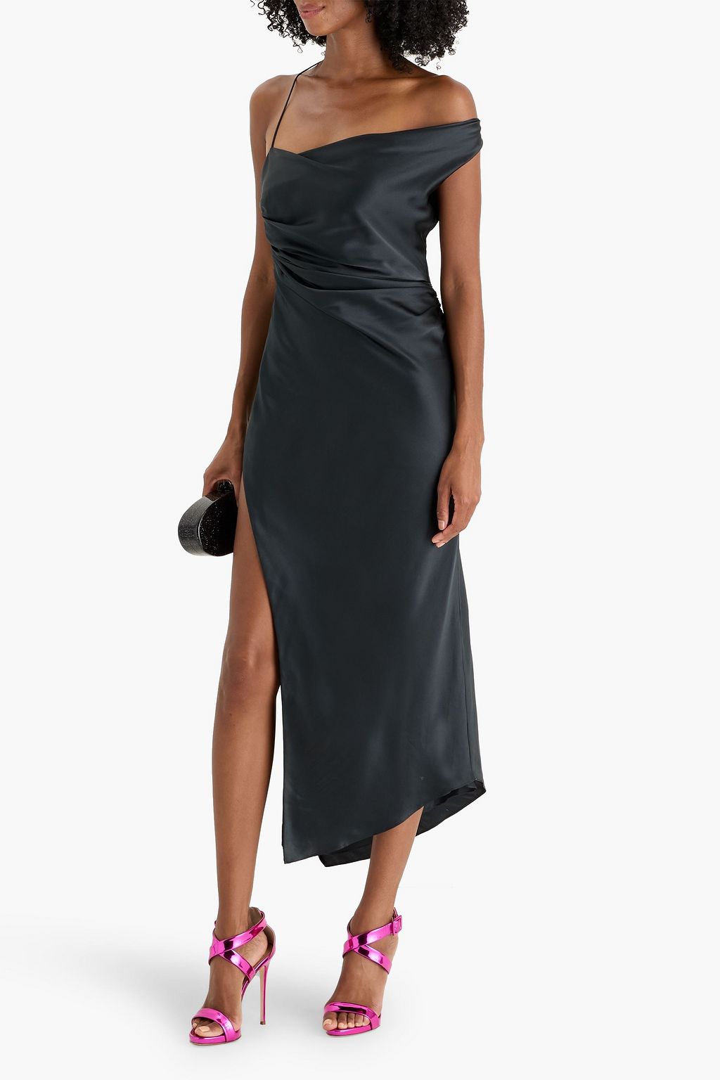 THE SEI One-shoulder draped silk-satin midi dress