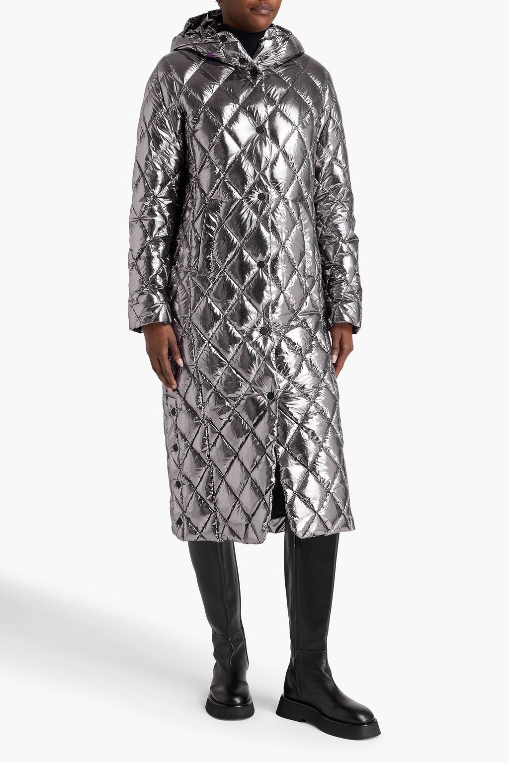 PERFECT MOMENT معطف بغطاء رأس مبطّن بالزغب من قماش مقاوم للماء لون ميتاليك مبطّن