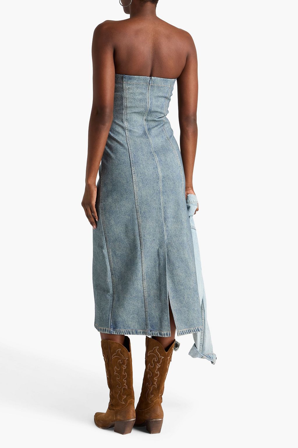 RAG & BONE فستان متوسط الطول "ميرامار" بطبعات من الدنيم مكشوف الكتف