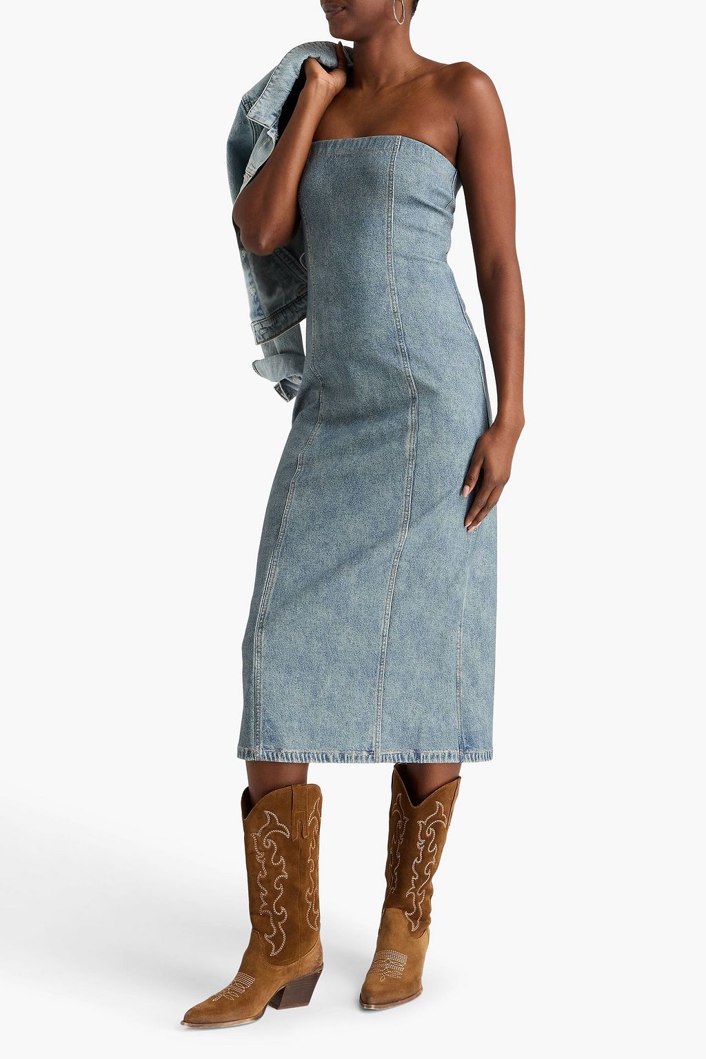 RAG & BONE فستان متوسط الطول "ميرامار" بطبعات من الدنيم مكشوف الكتف