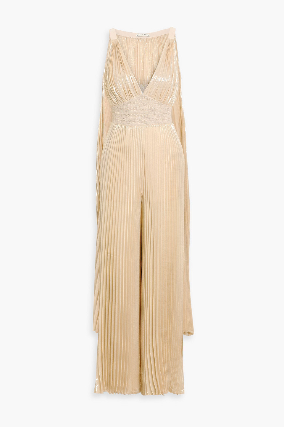 alice olivia - rosalie metallic plissé silk-blend wide-leg jumpsuit - metallic - us 2