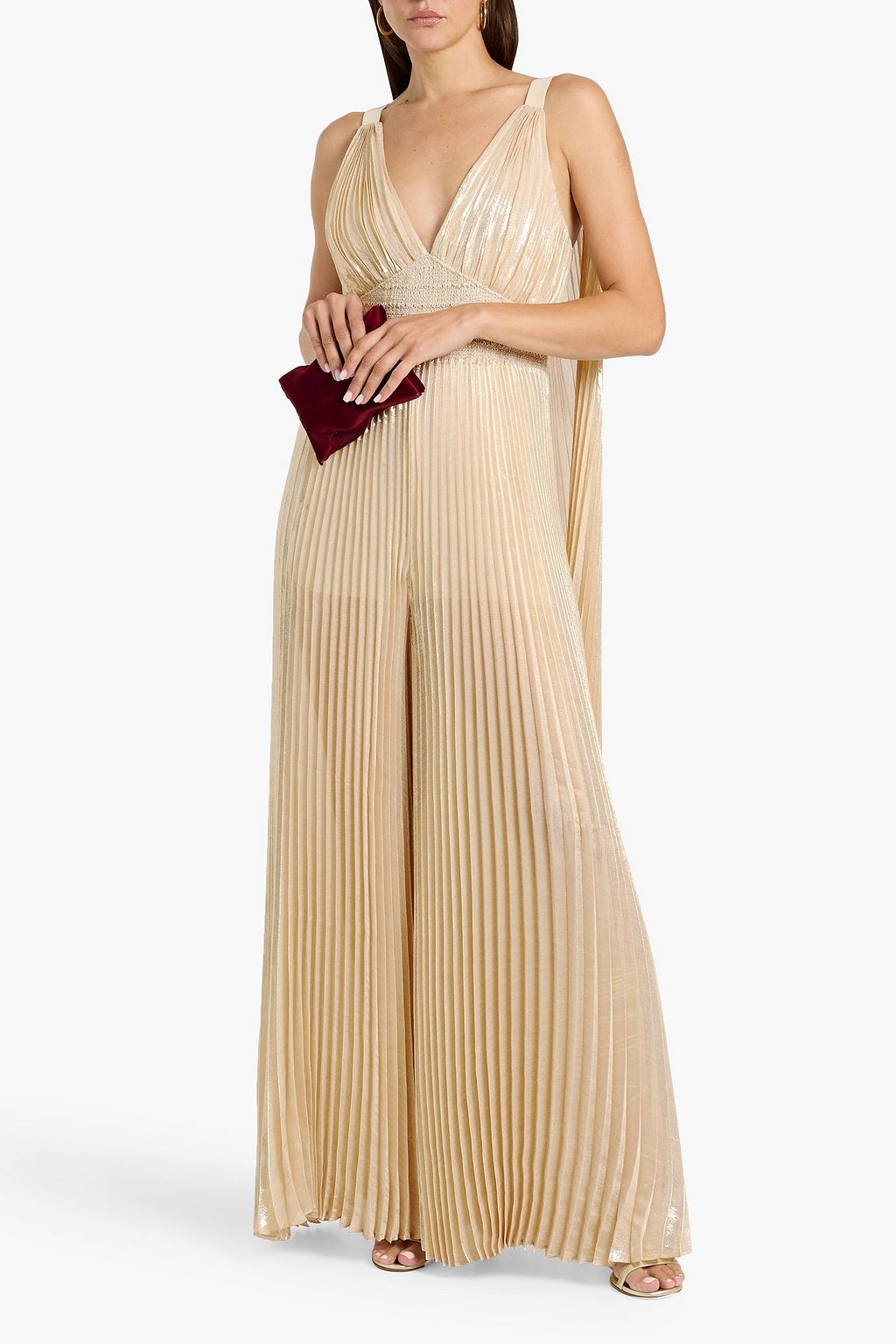 ALICE + OLIVIA Rosalie metallic plissé silk-blend wide-leg jumpsuit