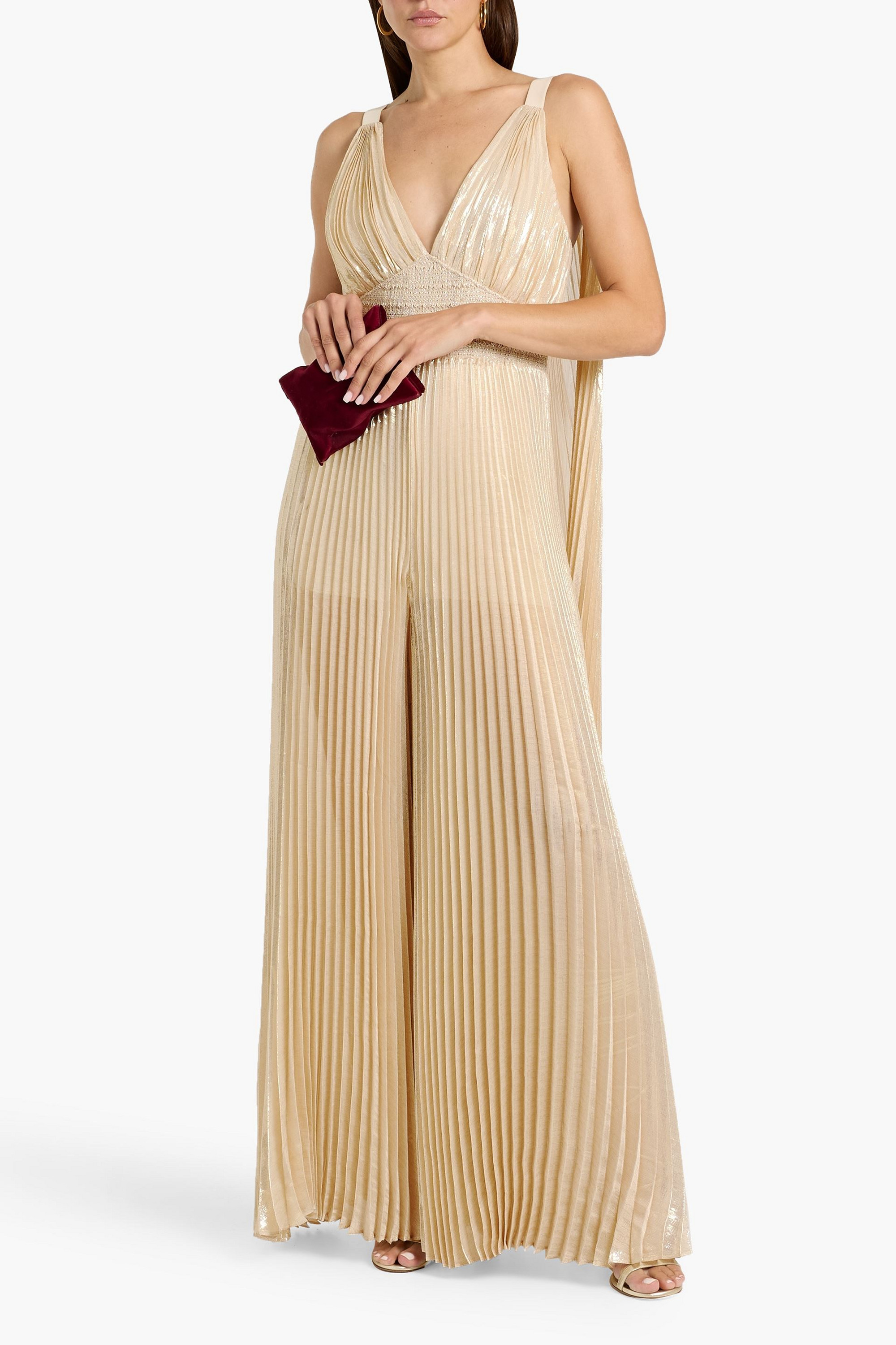 alice + olivia Rosalie metallic plissé silk-blend wide-leg jumpsuit