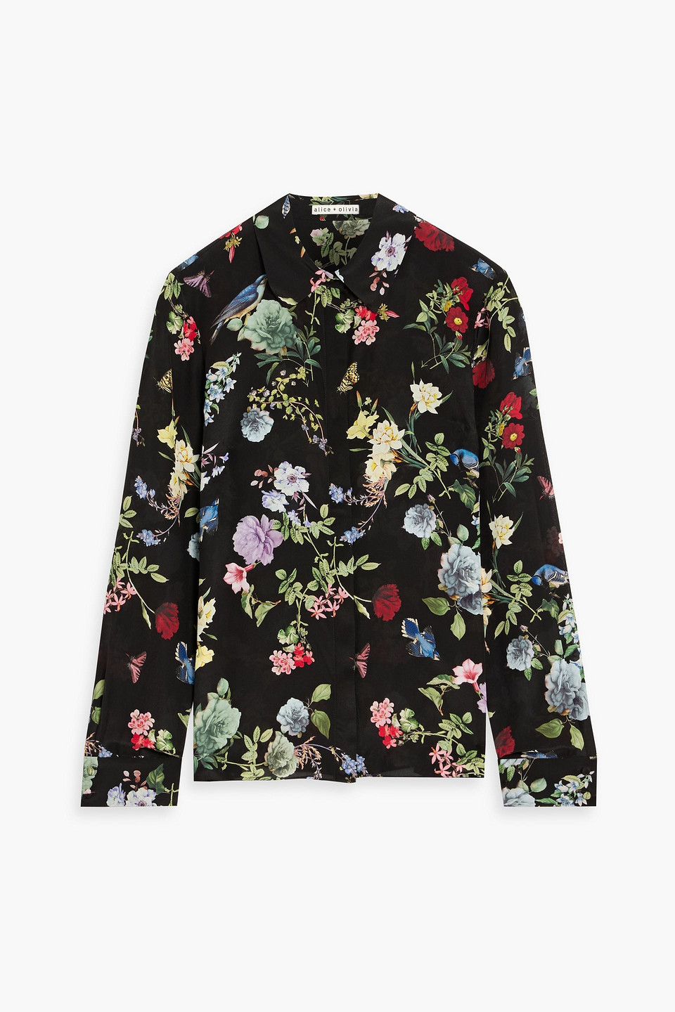 Alice And Olivia Floral-print Silk-crepe Shirt In Black