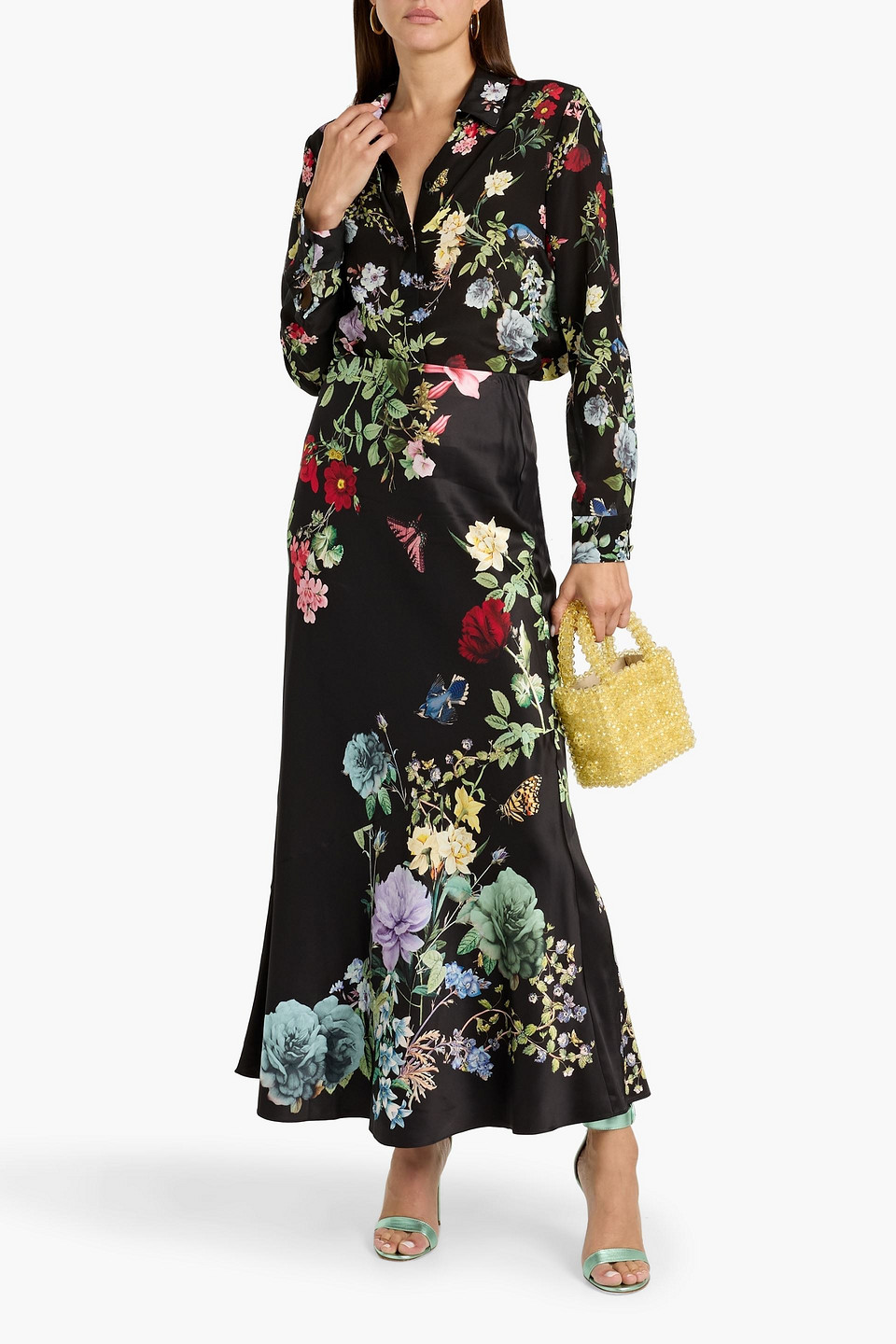 Alice And Olivia Floral-print Silk-crepe Shirt In Black