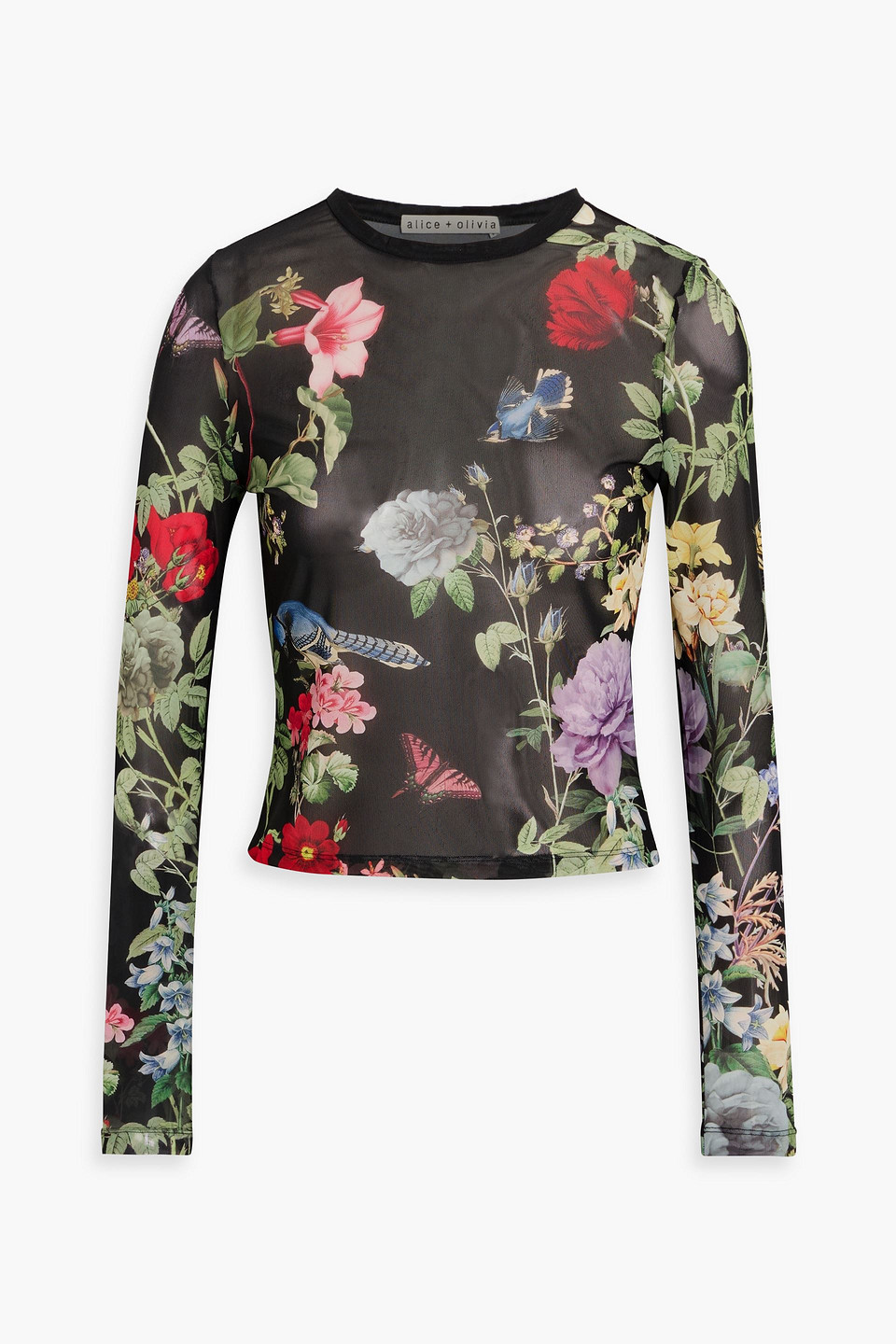 Alice And Olivia Delaina Floral-print Stretch-mesh Top In Green