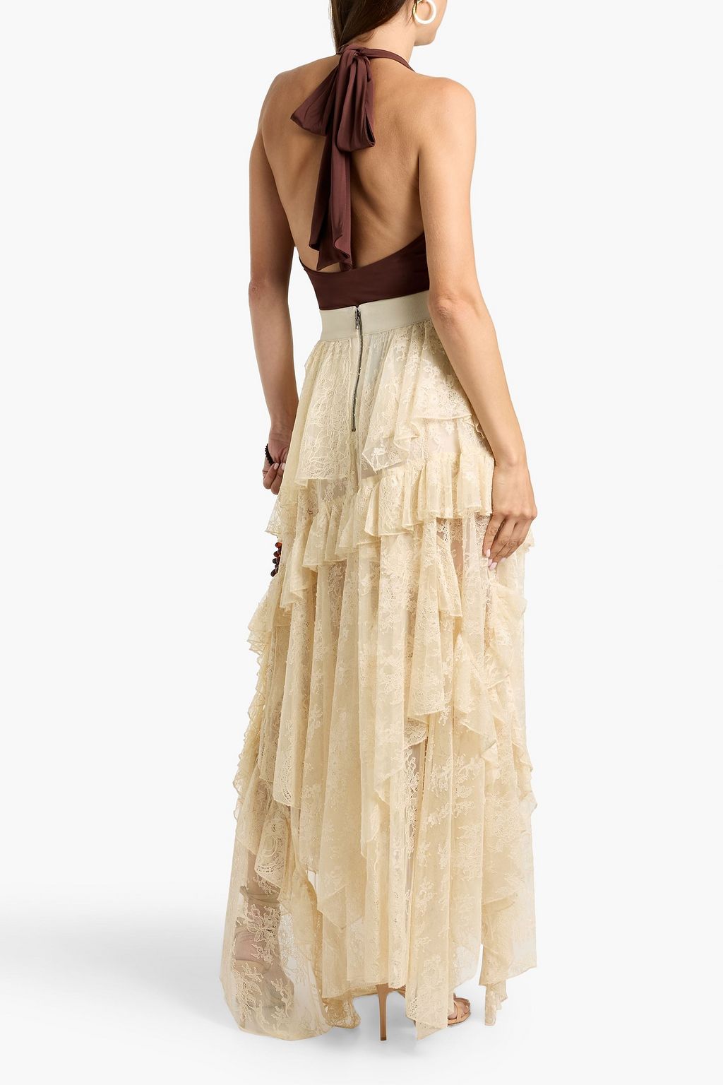 ALICE + OLIVIA تنورة طويلة "كرايس" من الدانتيل المفرّغ بطبقات متدرجة