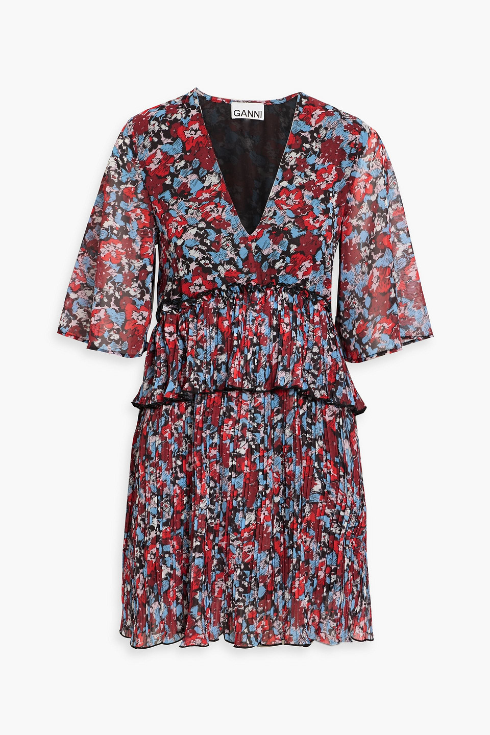 ganni - pleated printed crepe de chine mini dress - burgundy - eu 32
