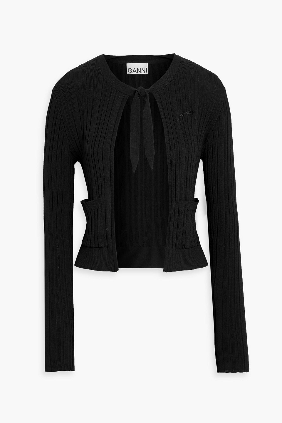 Ganni Tie-front Ribbed-knit Cardigan In Black