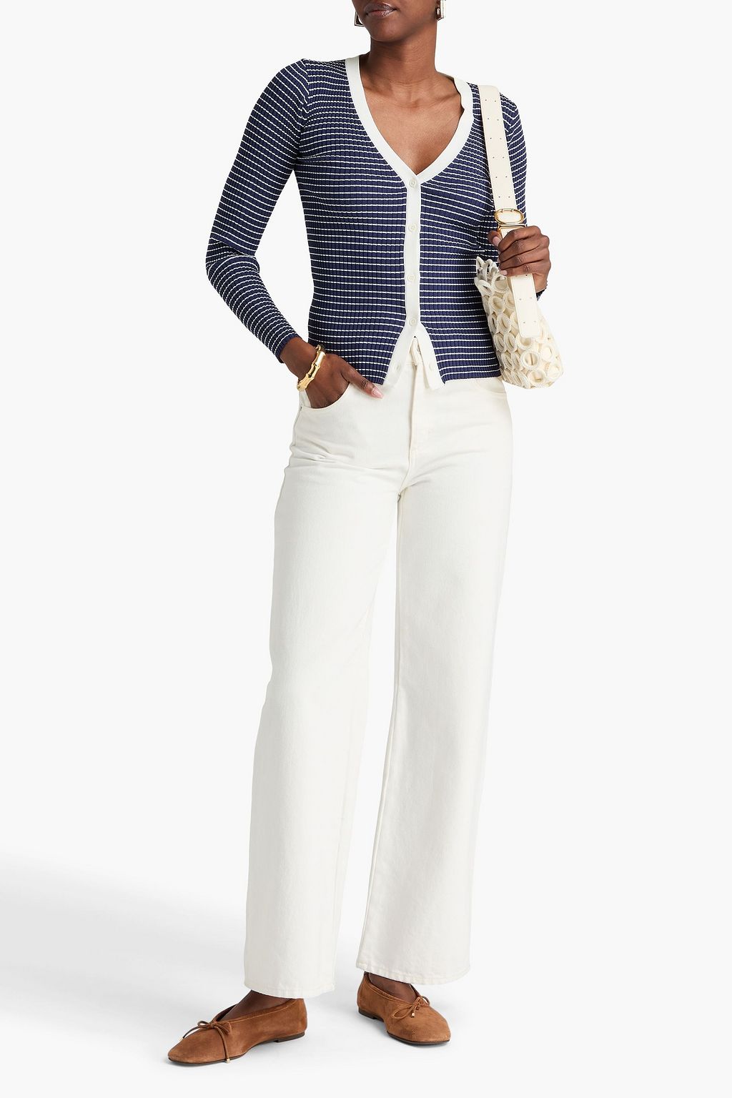 STAUD Cargo striped ribbed-knit cardigan