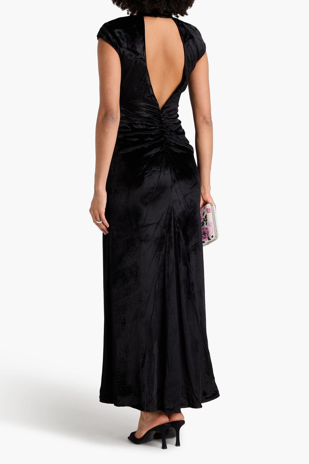 STAUD Tina ruched cutout crushed-velvet maxi dress