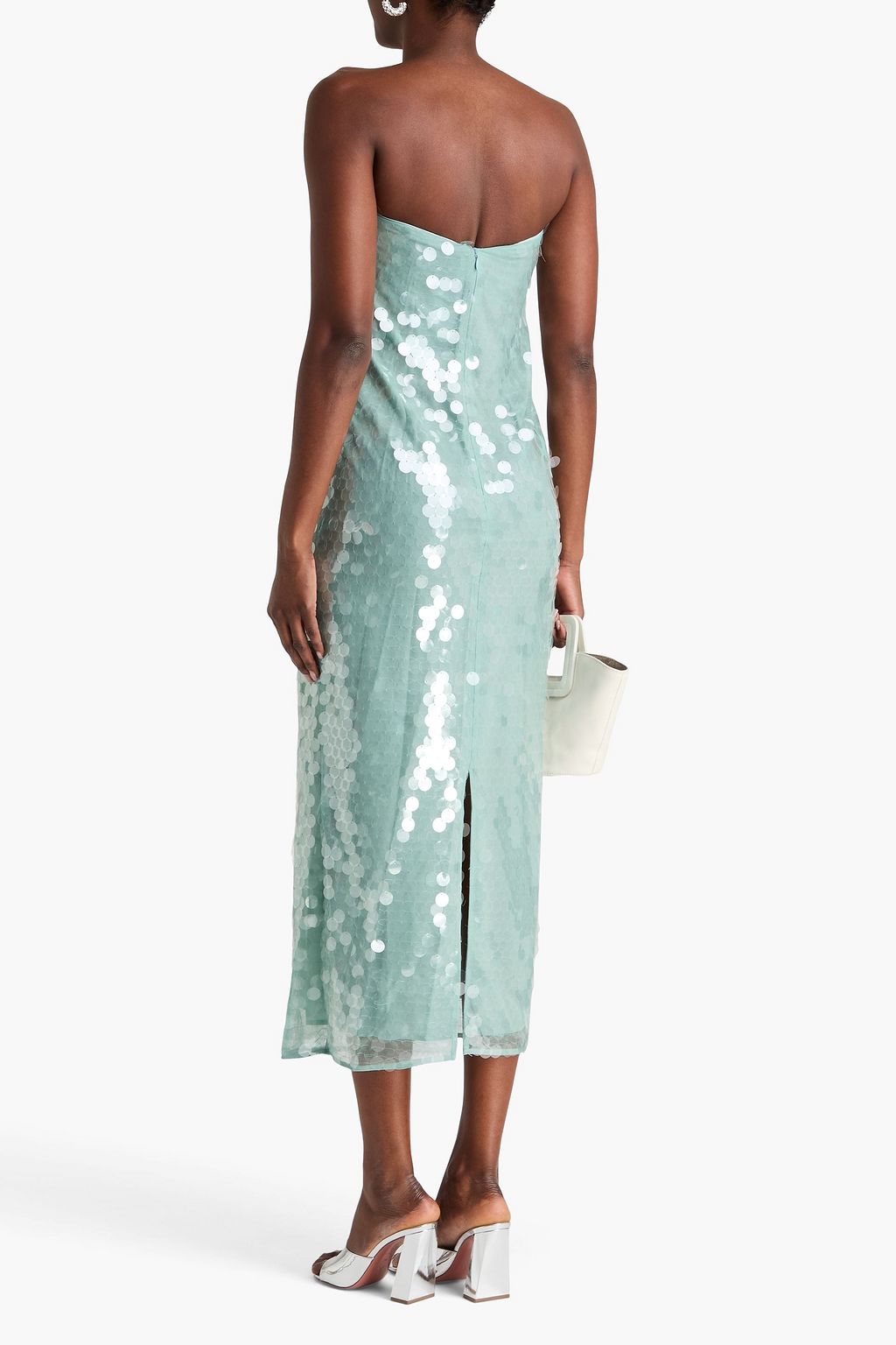 STAUD Casey strapless sequined tulle midi dress