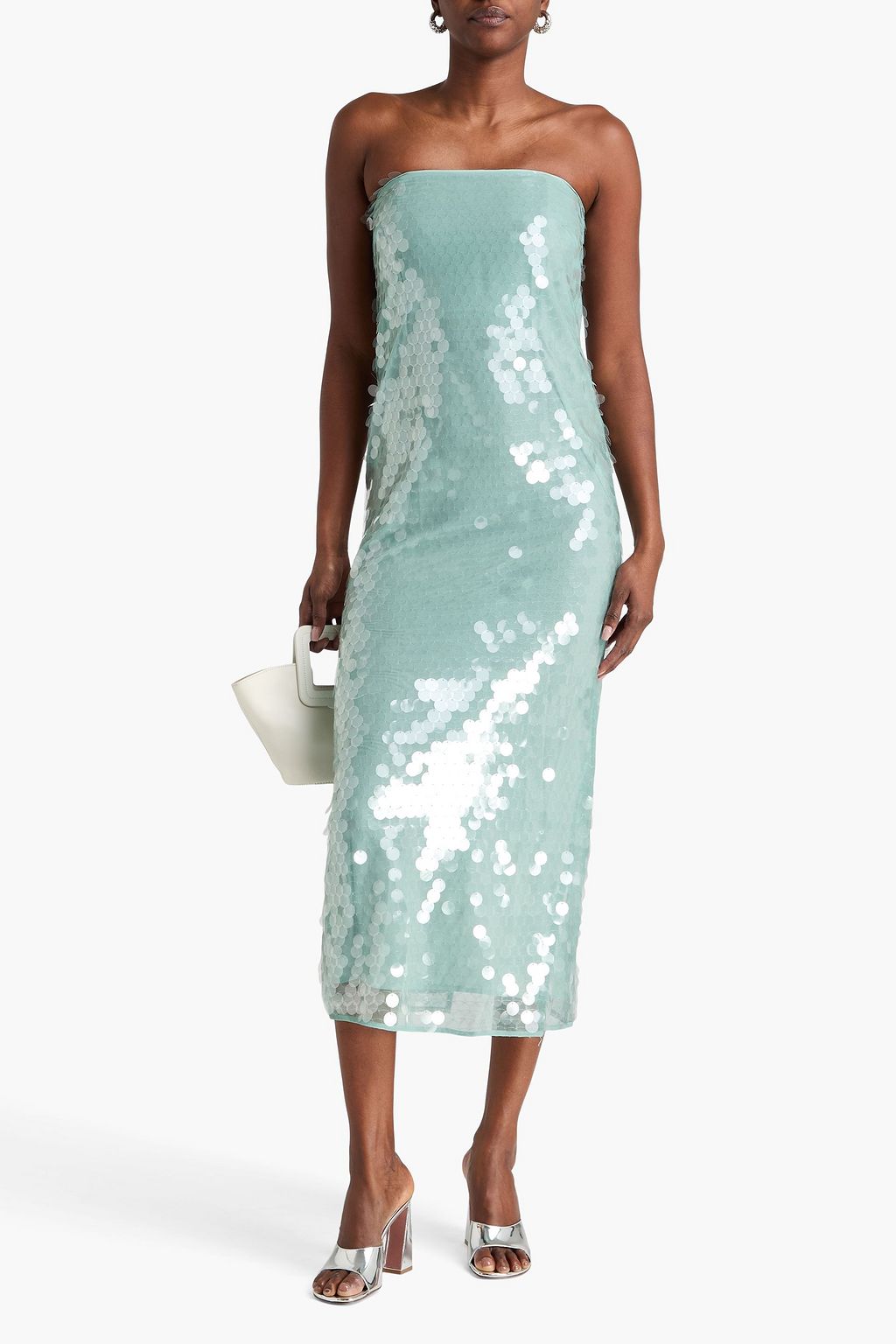 STAUD Casey strapless sequined tulle midi dress