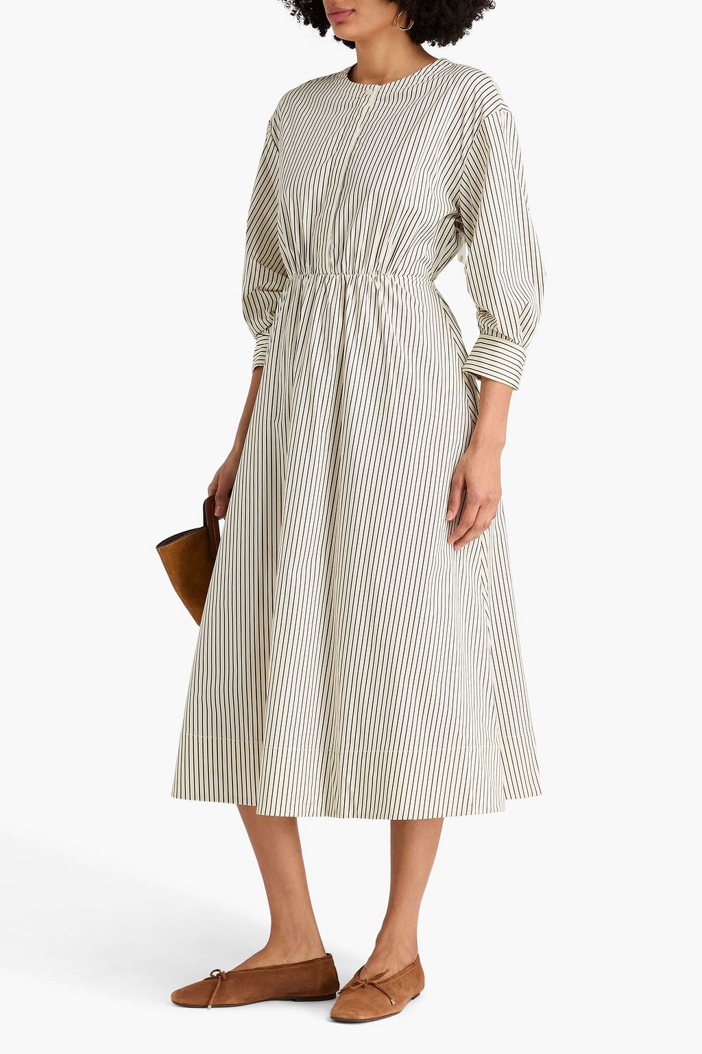 ivory pleated dress Bow-Detail Pleated A-Line Midi Dress in Ivory - 4