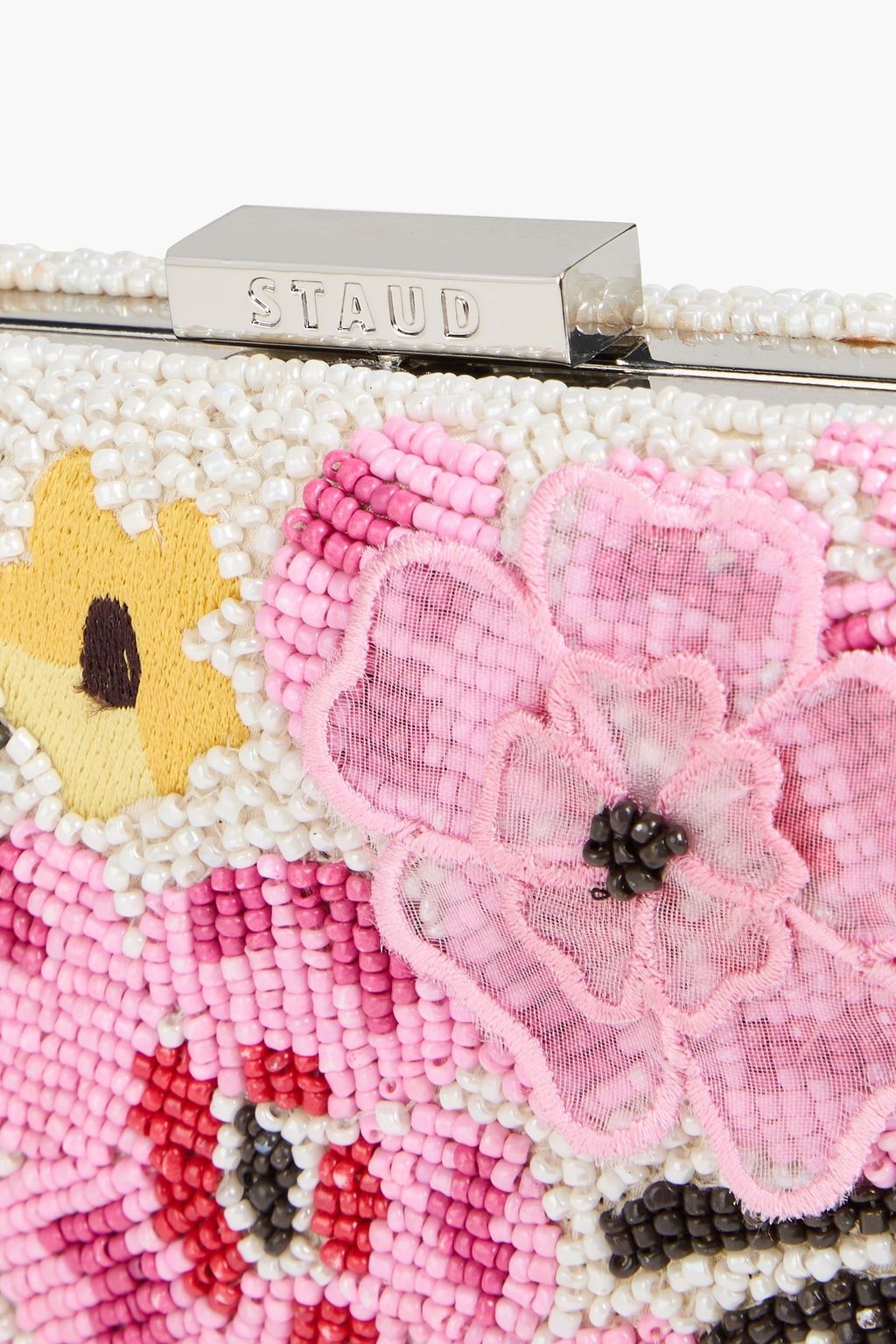 STAUD Carmella asymmetric floral-appliquéd beaded satin clutch