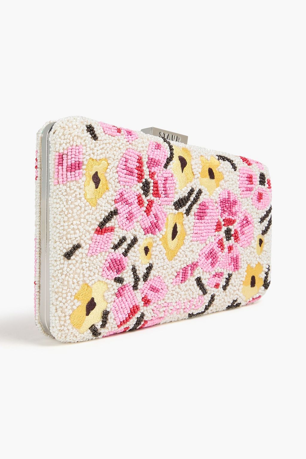 STAUD Carmella asymmetric floral-appliquéd beaded satin clutch