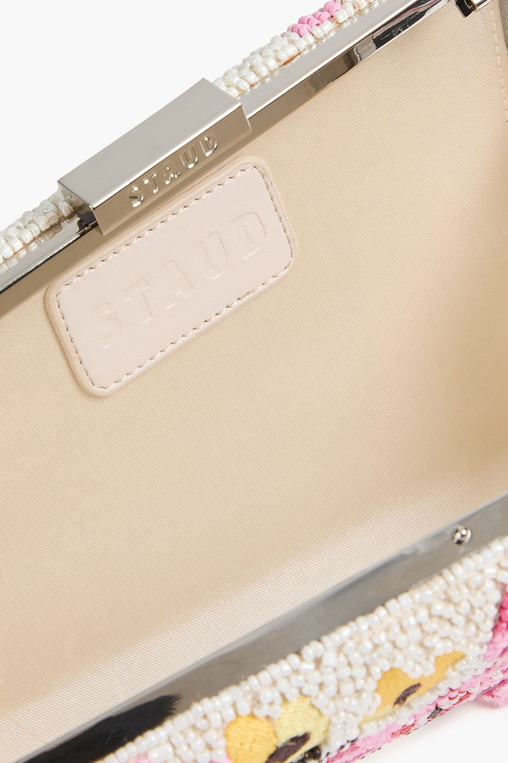 STAUD Carmella asymmetric floral-appliquéd beaded satin clutch