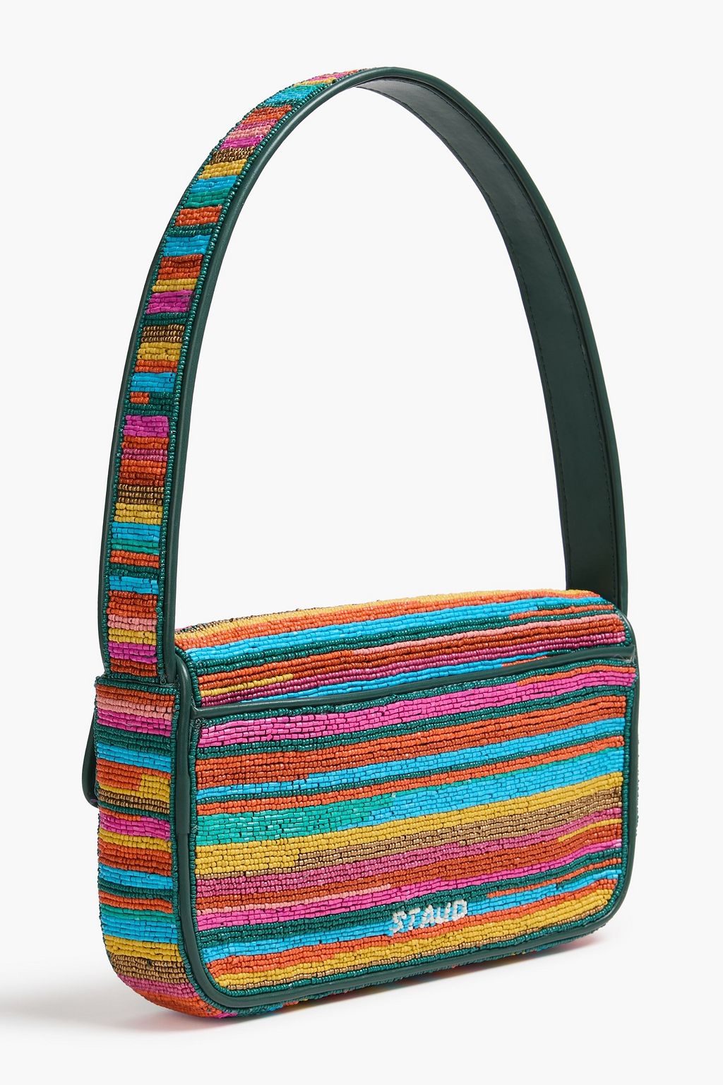 STAUD Tommy beaded satin and leather shoulder bag