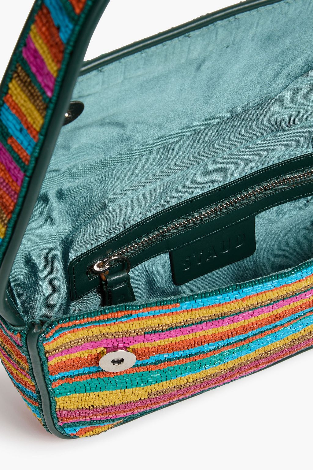 STAUD Tommy beaded satin and leather shoulder bag