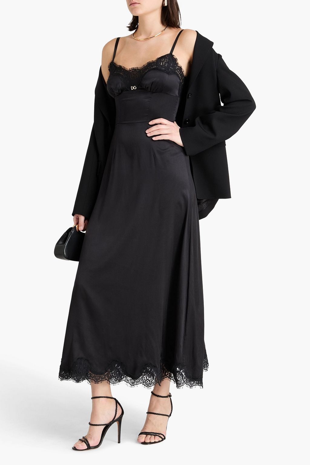 DOLCE&GABBANA Lace-trimmed silk-blend crepe de chine maxi slip dress