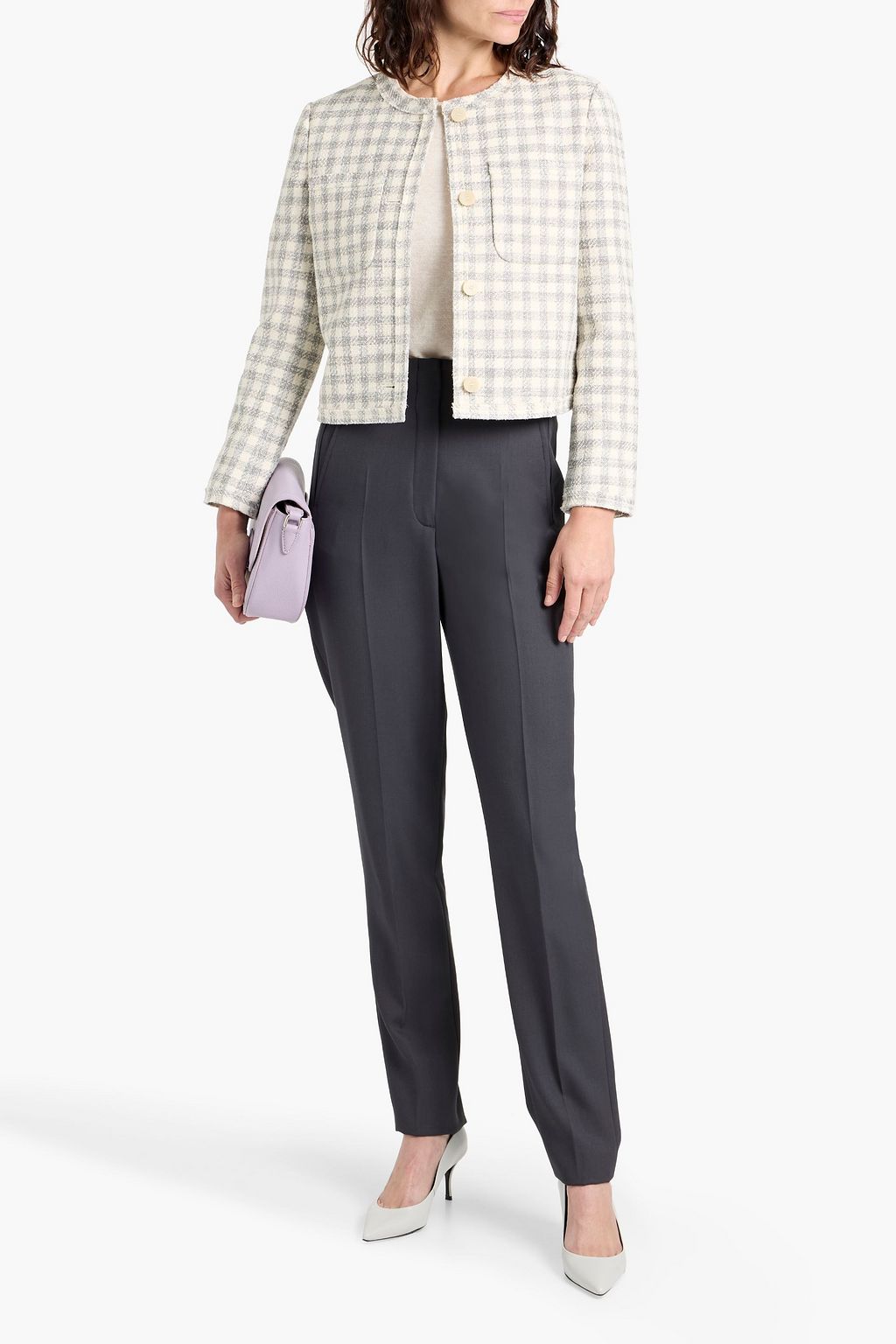 THEORY Cropped gingham cotton-blend tweed jacket