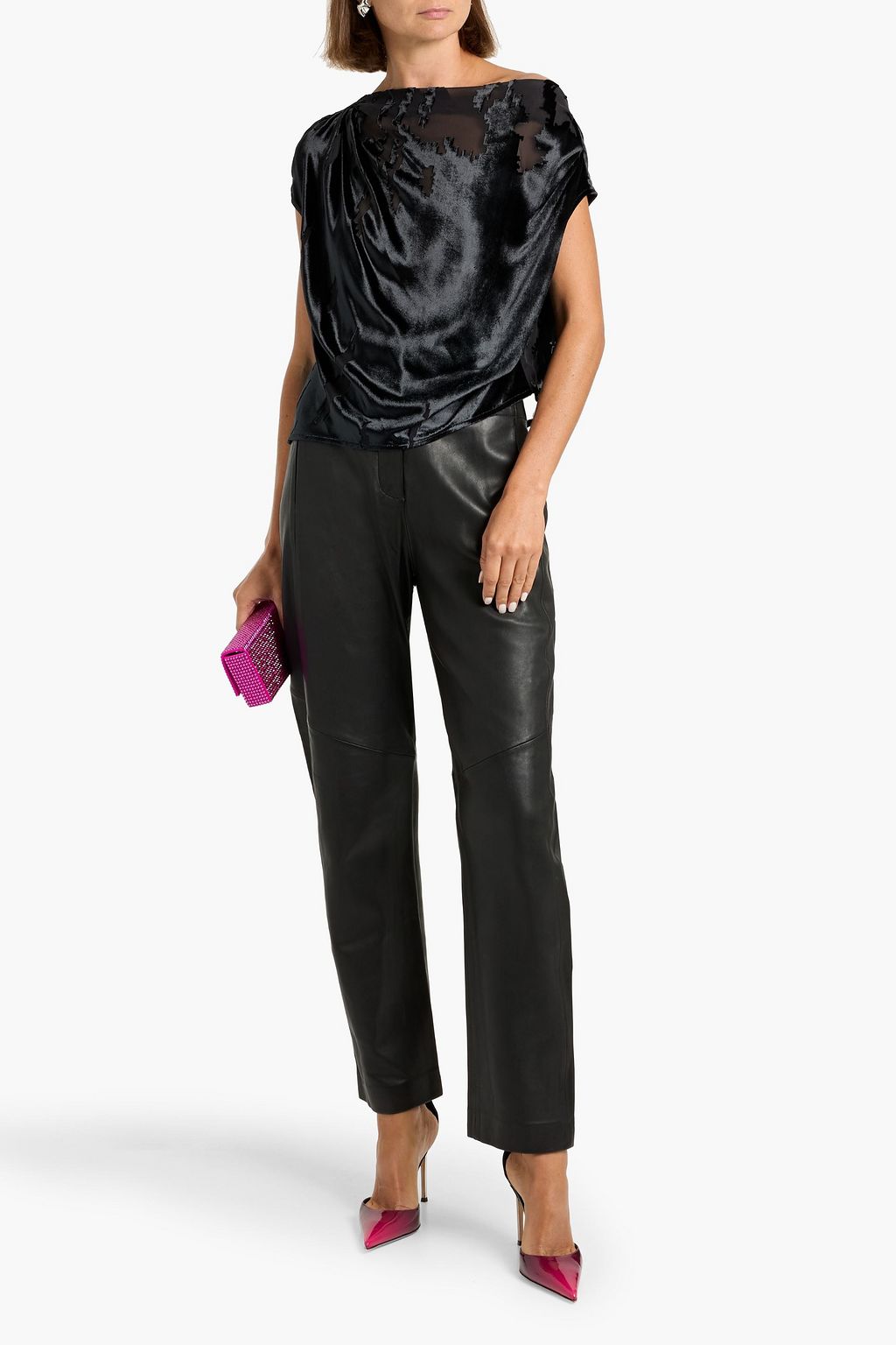 THE SEI One-shoulder draped devoré-velvet top