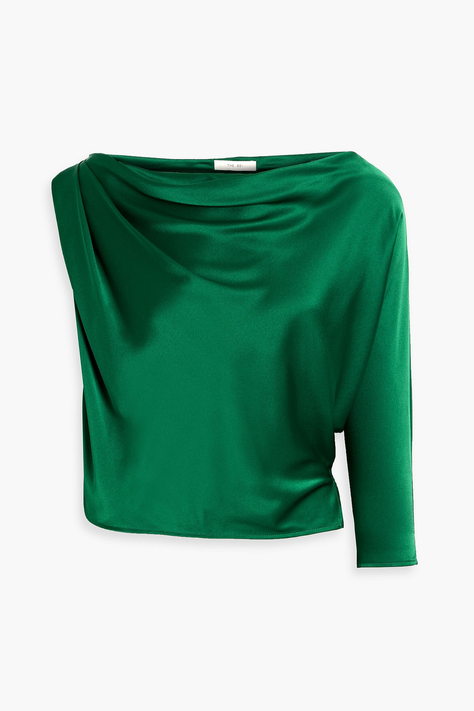 The Sei One-sleeve Draped Silk-satin Top In Green