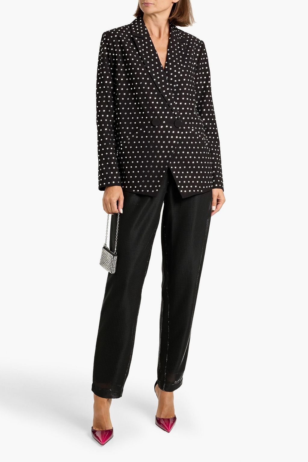 THE SEI Double-breasted crystal-embellished twill blazer