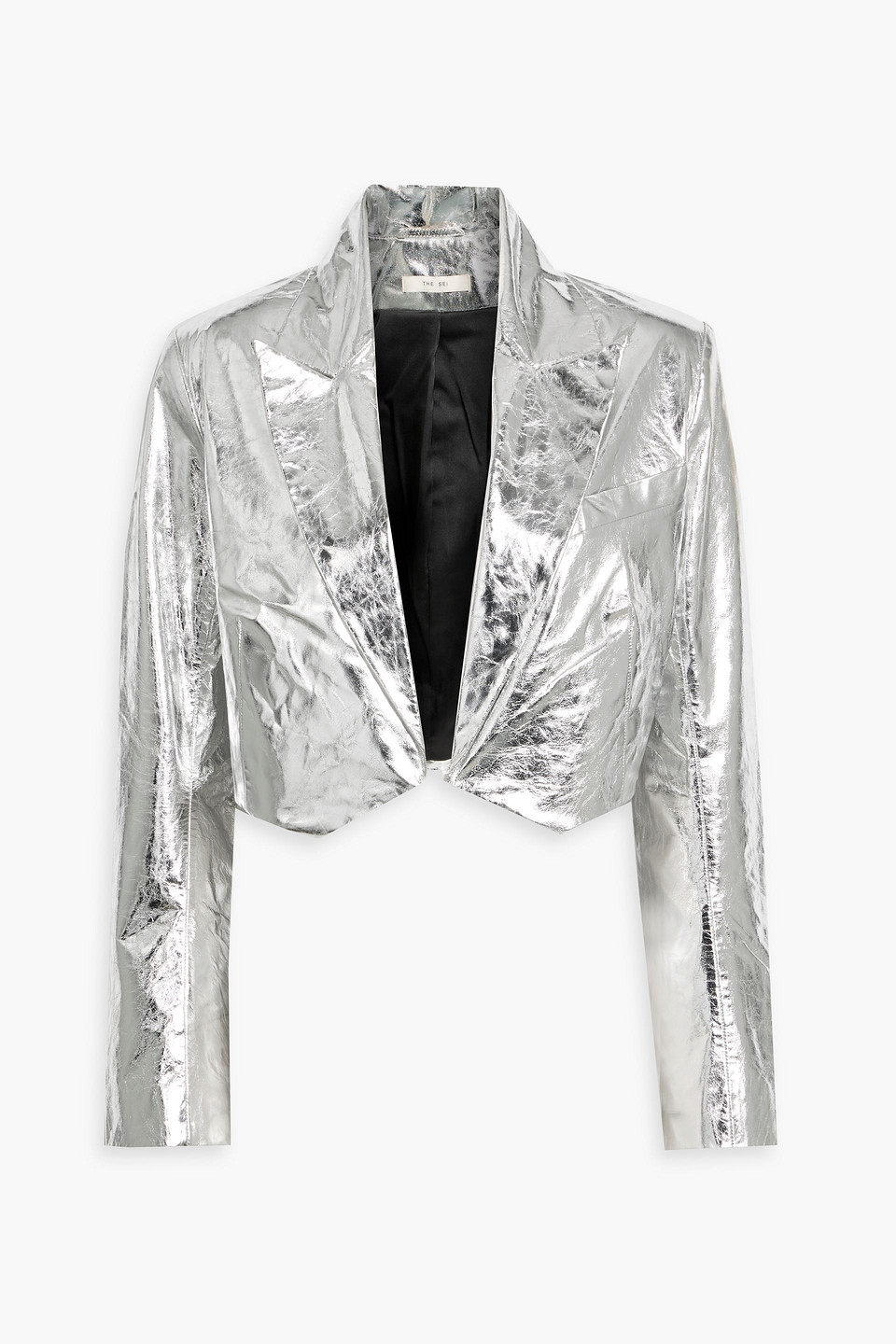 The Sei Cropped Metallic Textured-leather Blazer In Silver