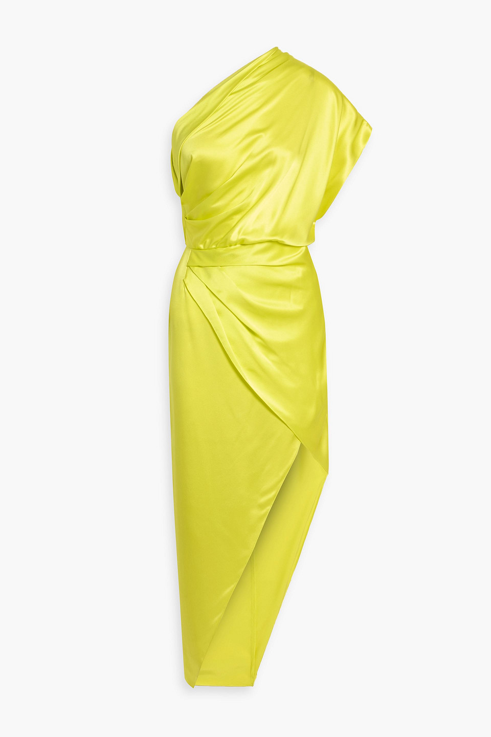 Michelle Mason One-shoulder Asymmetric Silk-satin Maxi Dress In Green